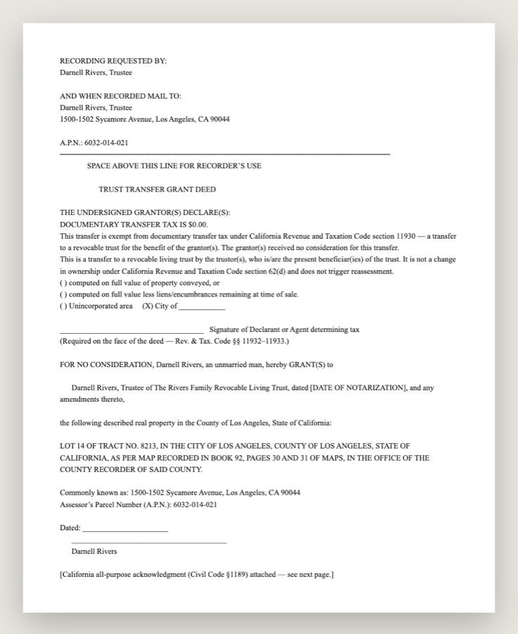 A recordable California trust transfer grant deed produced by the deed generator