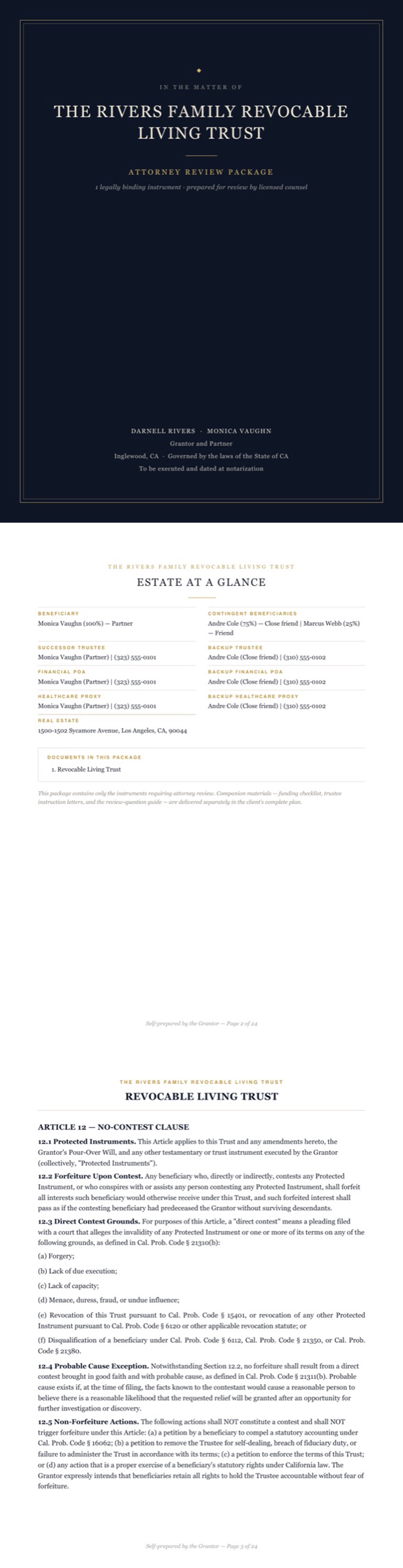 The binder cover, Estate at a Glance, and a page of a generated revocable living trust