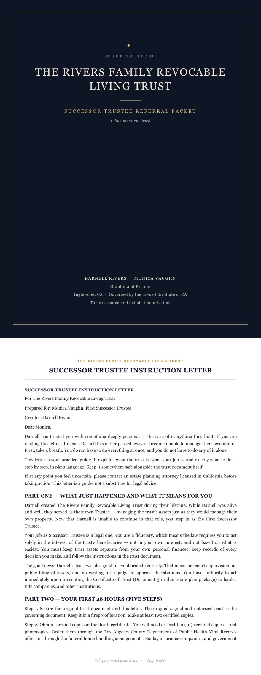 The successor trustee referral packet cover and the plain-English instruction letter